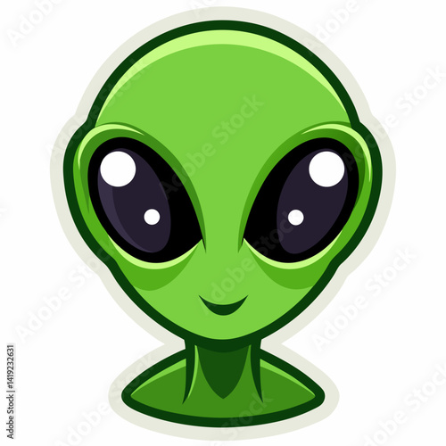 Cartoon illustration of an alien head with large eyes and a green skin tone, set against a simple background.