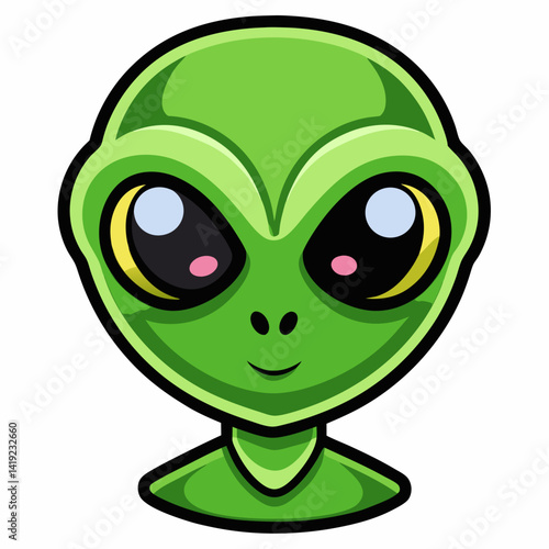 Cartoon illustration of an alien head with large eyes and a green skin tone, set against a simple background.