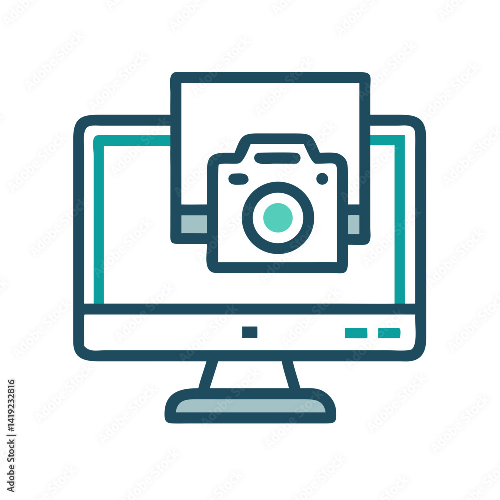Computer with Camera Icon Representing Design Work and Creative Digital Projects Computer with Camera Icon Representing Design Work and Creative Digital Projects
