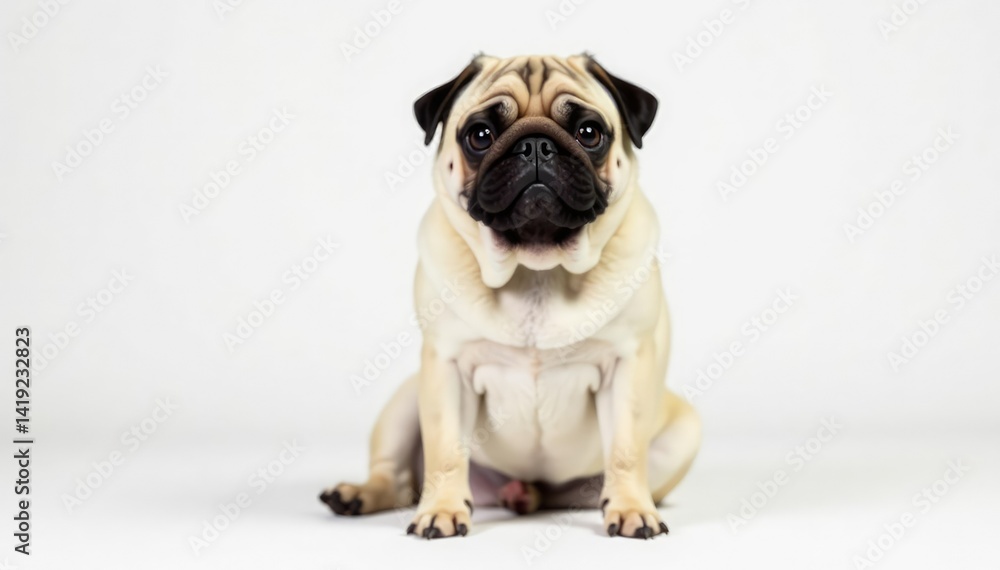 Obraz premium Adorable pug dog sits alone, white background, , expression, face
