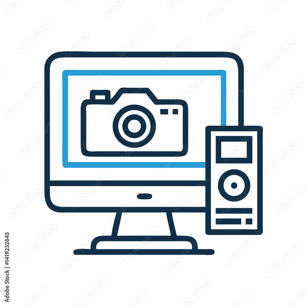 Computer with Camera Icon Representing Design Work and Creative Digital Projects Computer with Camera Icon Representing Design Work and Creative Digital Projects