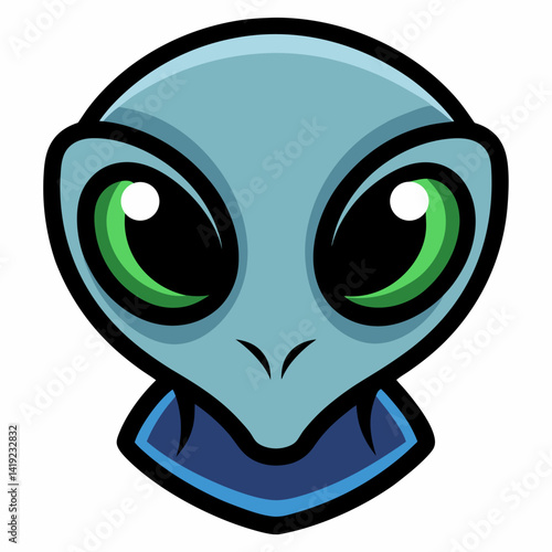 Cartoon illustration of an alien head with large eyes, set against a simple background.