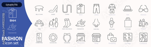 Set of line icons related to fashion, sewing, and clothing. Outline icon collection. clothes and cloth elements - minimal thin line web icon set. Outline editable icons collection. Dress ,polo t-shirt