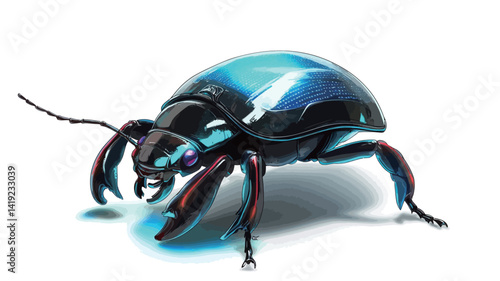 Close-up digital rendering of a biomechanical beetle with a polished metal exoskeleton, mainly dark blue with black and red accents.