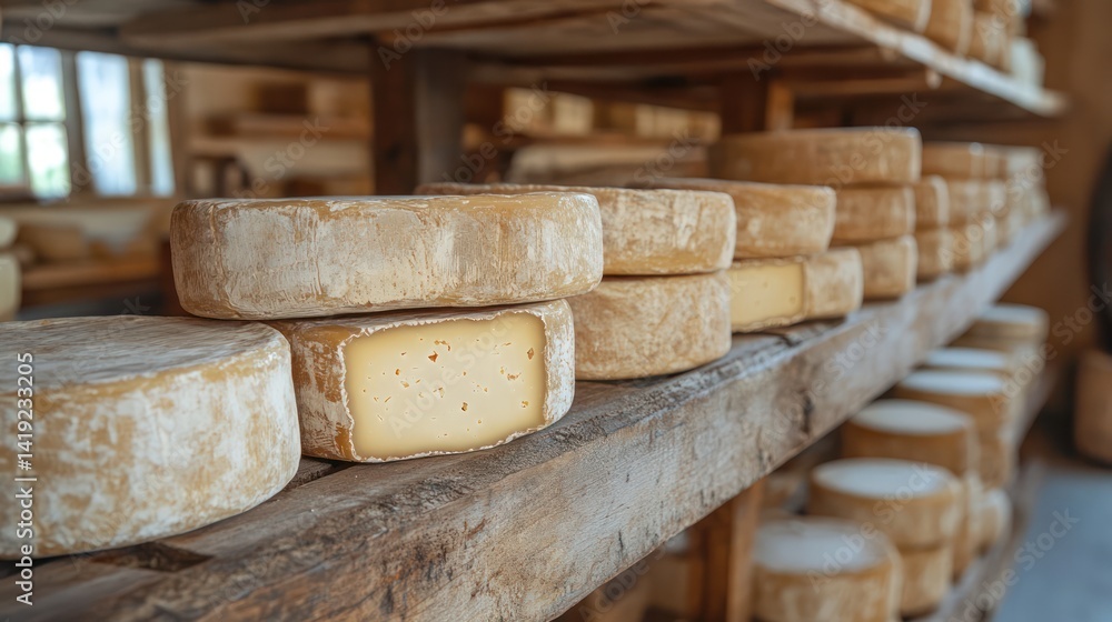 Artisanal Cheese Wheels Aging on Wooden Shelves in a Rustic Cellar Ambiance Artisanal Cheese Wheels Aging on Wooden Shelves in a Rustic Cellar Ambiance