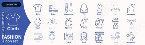 Set of line icons related to fashion, sewing, and clothing. Outline icon collection. clothes and cloth elements - minimal thin line web icon set. Outline editable icons collection. Dress ,polo t-shirt