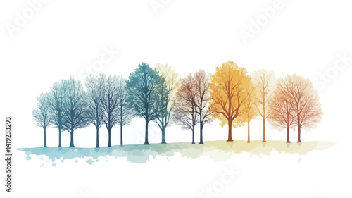 The image depicts a row of deciduous trees in stylized horizontal lines, each showing a subtle color gradient, with the palette changing from light to dark.