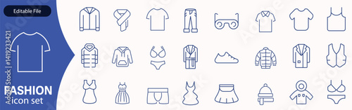 Set of line icons related to fashion, sewing, and clothing. Outline icon collection. clothes and cloth elements - minimal thin line web icon set. Outline editable icons collection. Dress ,polo t-shirt