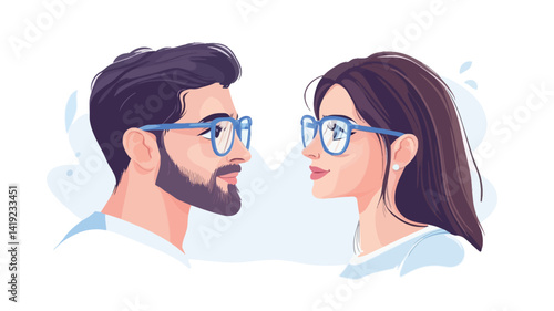 digitally rendered illustration shows a stylized profile shot of a young man and woman, both wearing light blue framed glasses in a flat design aesthetic.