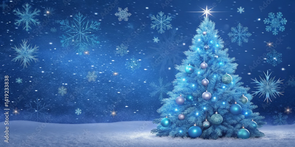 Blue Christmas Tree in Snowy Night 3D Render, Winter Wonderland, Festive Decor, Christmas Background, Snowflake. Christmas, Winter Blue Christmas Tree in Snowy Night 3D Render, Winter Wonderland, Festive Decor, Christmas Background, Snowflake. Christmas, Winter