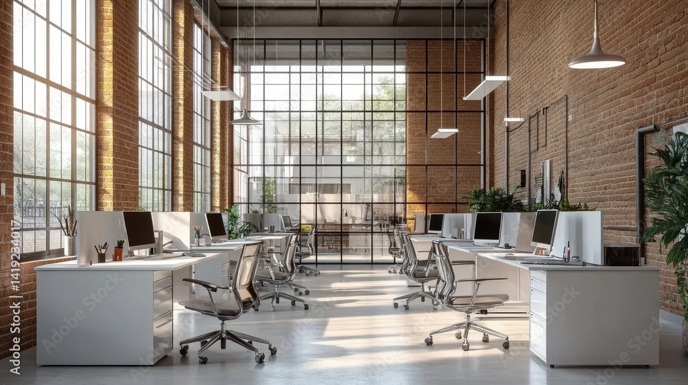 Fototapeta premium Modern Office Space with White Desks, Glass Walls, Brick Accents, and Mixed Lighting
