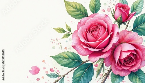 Intricate watercolor rose blooms, lush leaves , fabric, romantic