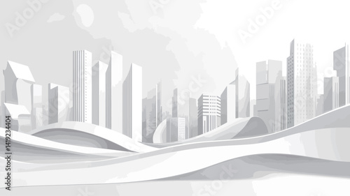 The image depicts a stylized cityscape in monochrome white, imitating a paper cutout or relief sculpture. The buildings appear in different heights and rectangular shapes, creating a sense of depth.