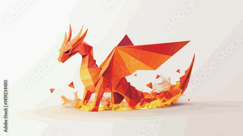 digital rendering of a low-polygon origami dragon. The dragon is painted in red and orange tones, with angular folds that suggest a paper texture.
