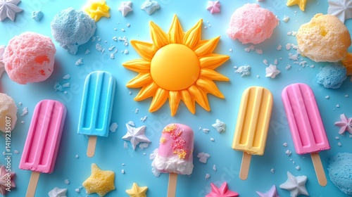 Creative summer sale graphic with sun-shaped text box and popsicle elements