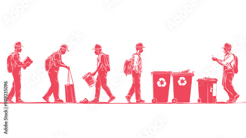 This image is a vector illustration of a series of stylized characters interacting with a garbage disposal. The characters are rendered in a monochrome pink/red color, giving them a flat feel.