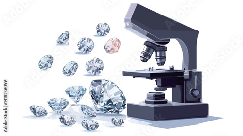 This digital rendering shows a dark grey compound microscope placed in the centre of a pure white background. The microscope is in sharp focus and has rich textural detail.