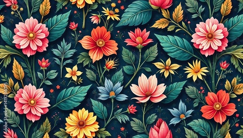 Intricate botanical illustration, repeating pattern,  background texture,  fabric