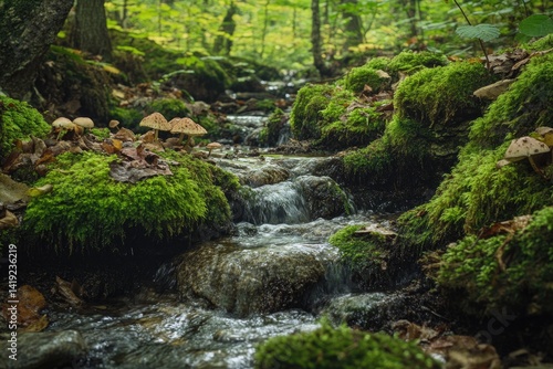 A small creek flows through a lush forest, with mossy rocks and mushrooms along its banks