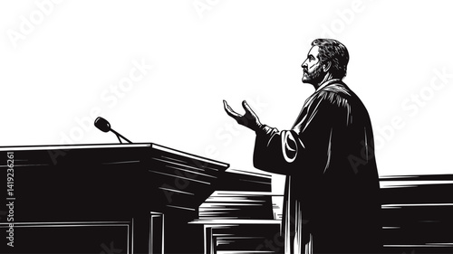 A monochrome illustration depicts a judge in profile, standing at a podium, delivering a speech or ruling. The figure is rendered in a stylized manner.