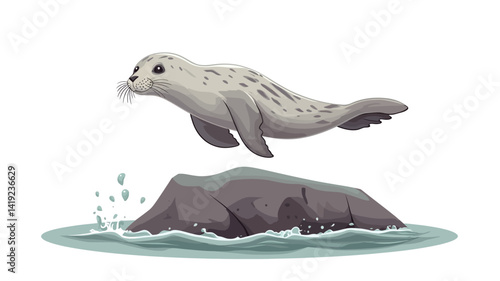 A digital illustration depicts a cartoon seal pup leaping from a small dark grey rock into turquoise water. The seal pup is rendered in soft grey and white tones.