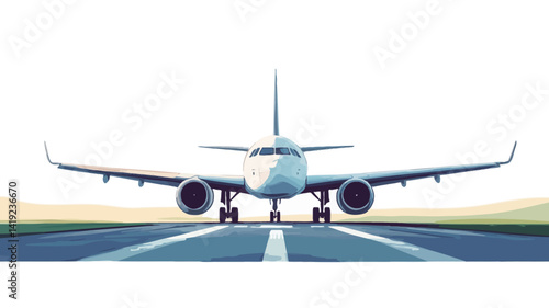 This image shows the front details of a commercial airliner parked on a runway. The aircraft is mainly light blue and white, and the engine compartment is clearly visible.