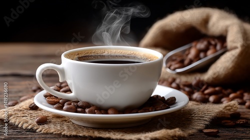 Steaming cup of coffee on rustic wooden table with coffee beans