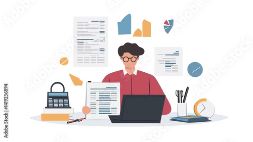 The illustration shows a stylized depiction of a person, presumably a business person, concentrating on reviewing documents and data.