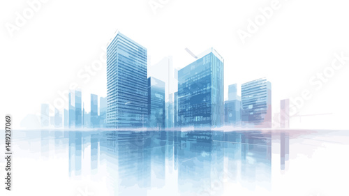 This image shows a stylized modern city skyline. The height of the skyscrapers and the varying shades of translucent blue suggest glass structures.