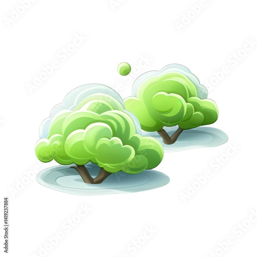 Two stylized green bushes with fluffy foliage on a light background, representing nature and tranquility, suitable for environmental themes , isolated on white or transparent png