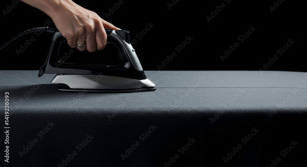 Fototapeta premium Hand Pressing Dark Gray Fabric with a Black and Silver Iron on Black Background