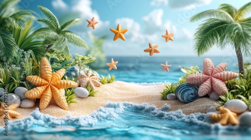 Summer sale marketing visuals with beach scene and floating discount icons