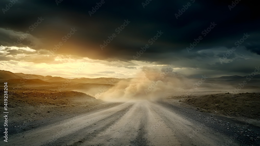 Fototapeta premium Dramatic landscape with a dust storm sweeping through an empty desolate road in an arid apocalyptic looking environment with a moody ominous atmosphere
