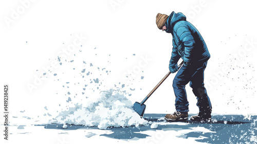 A stylized vector illustration of a person in a blue jacket and hat actively shoveling snow. The character is drawn in a slightly impressionistic style.