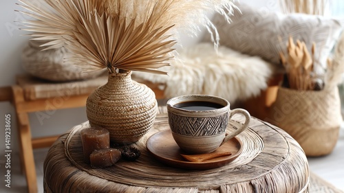 Bohomian cozy corners A cozy indoor scene featuring a coffee cup, decorative dried plants, and a wooden table, perfect for a warm and inviting atmosphere.