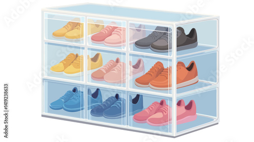 The images show a transparent rectangular shoe cabinet with multiple compartments. The unit is made of seemingly lightweight clear plastic.