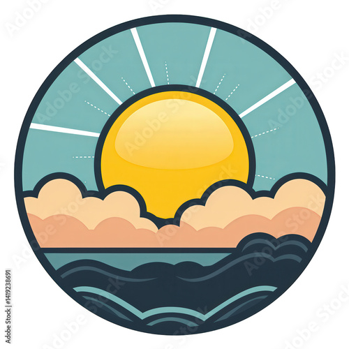 Vibrant sun rising over tranquil ocean waves with fluffy clouds, symbolizing a new day and hope, set against a serene blue sky , isolated on white or transparent png