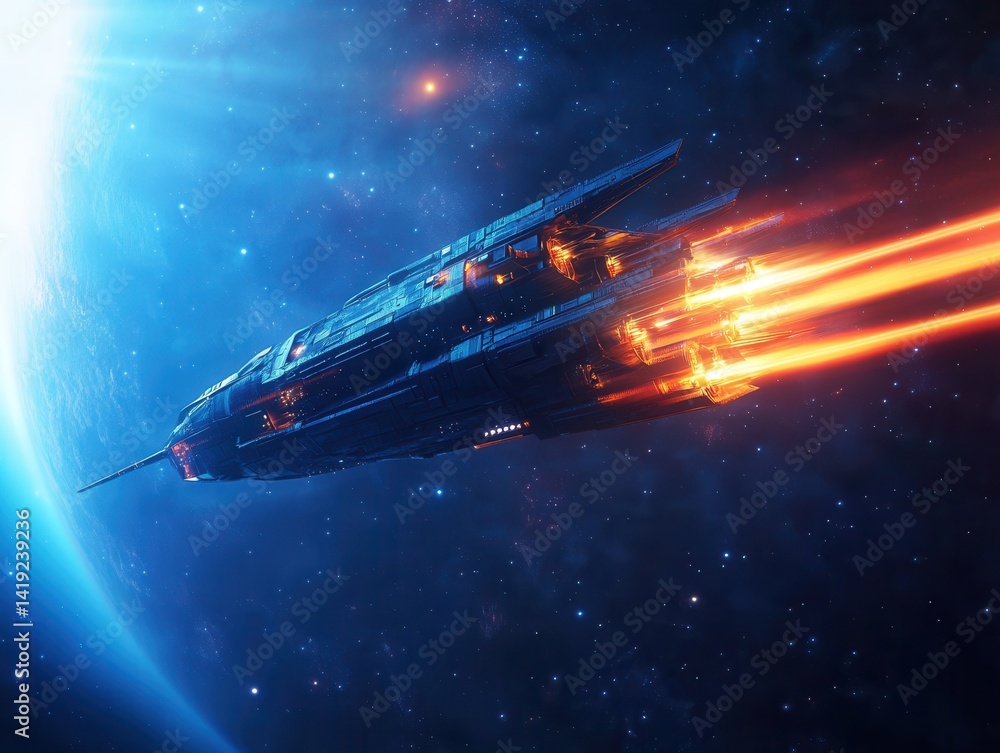 Fototapeta premium Advanced starship soars through the cosmos, igniting the night with bright engines and cosmic trails as it navigates unknown worlds.
