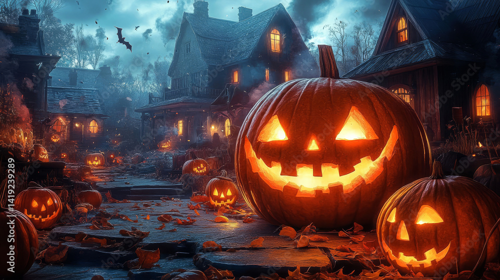 Creepy Night Scene with Pumpkin Faces. Creepy Night Scene with Pumpkin Faces.