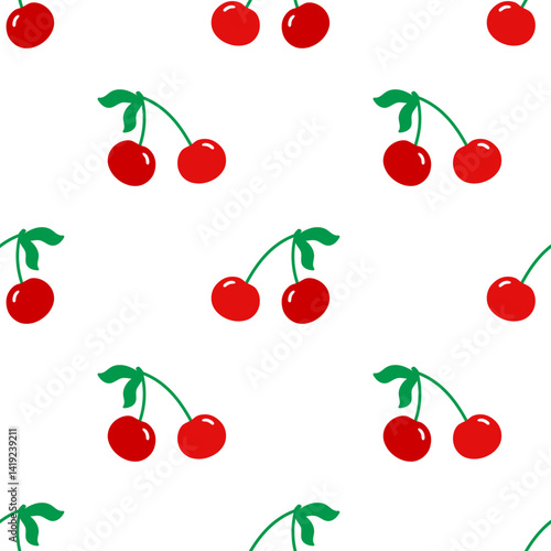 Cherry berry Seamless pattern with cute berries in a vibrant, minimal style. Ideal for summer textiles, childrens clothing, and fresh fruit-themed wrapping paper