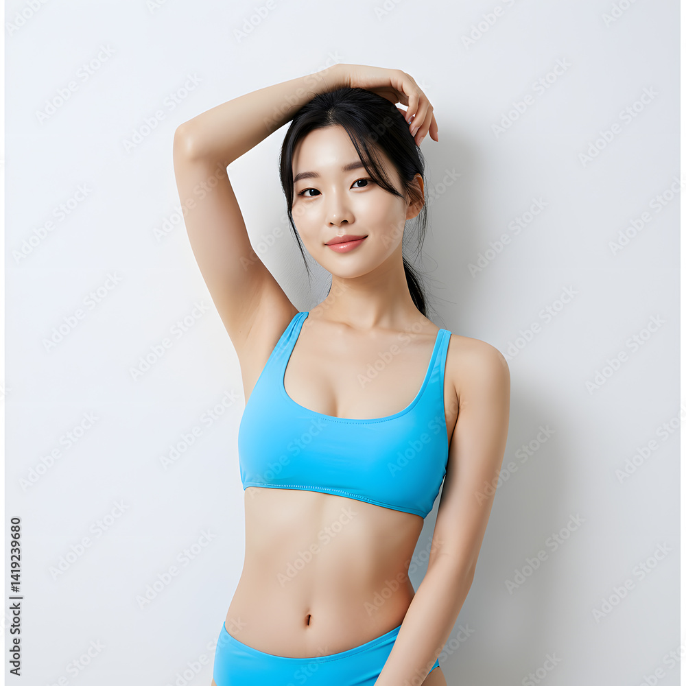 Fototapeta premium Close-Up Portrait of Young Woman in Bright Blue Bikini
