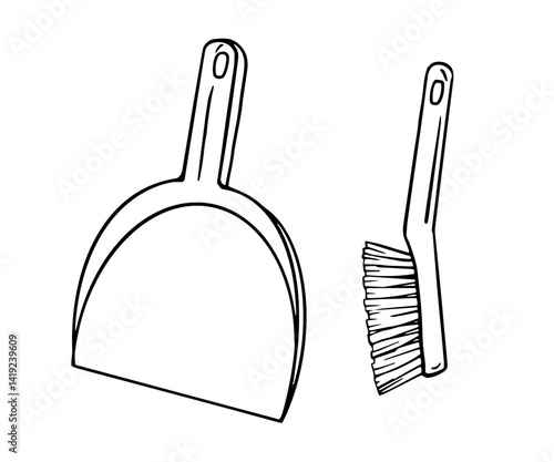 dustpan and brush set. Isolated Black and white line drawing for cleaning infographics, home maintenance guides, spring cleaning themes, or icon design.