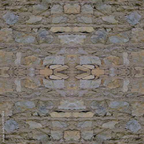 An old, gray stone wall. Grey, stone background. Stone texture. Seamless image. Symmetrical.