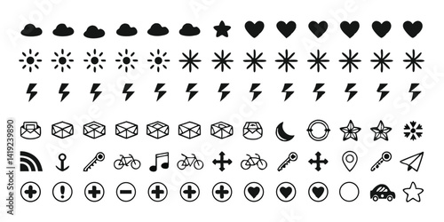 Hand-drawn Weather Icons Vector Set with Sun, Clouds, Rain, Snow, and Lightning