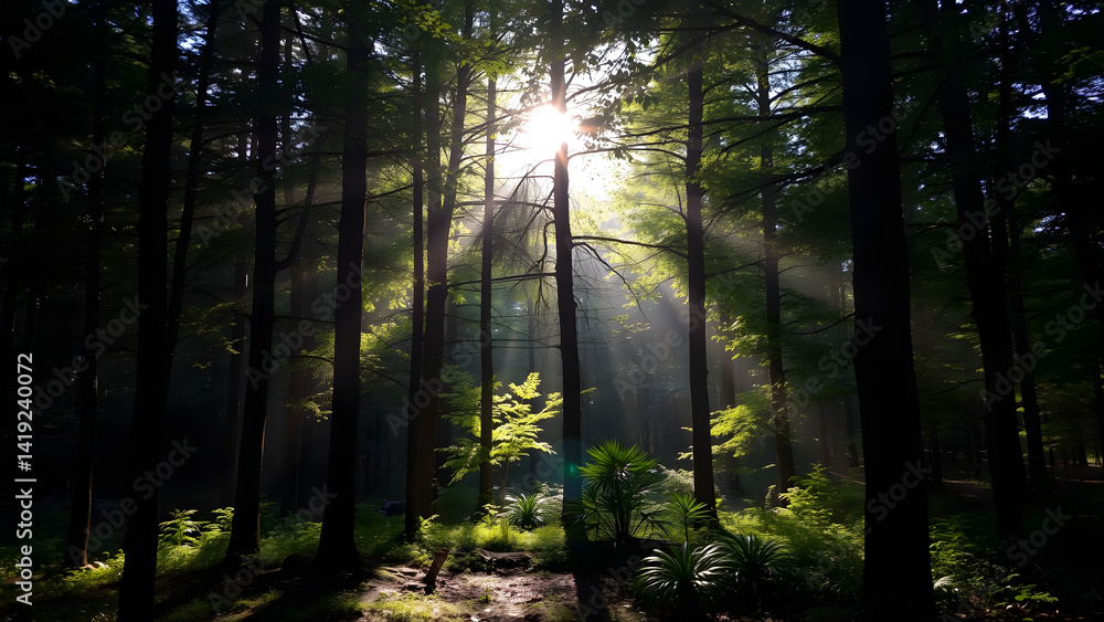 Fototapeta premium A tranquil forest setting with sunlight streaming through the trees creates a peaceful atmosphere for a retreat