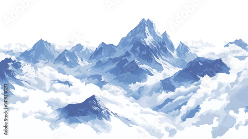 This stylized painting depicts a mountain partially obscured by a sea of clouds. The color palette is dominated by cool tones, including various shades of blue.