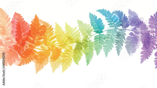 A digitally manipulated or painted image depicting a stylized arrangement of fern leaves. The leaves are arranged in a smooth horizontal line against a pure white background.