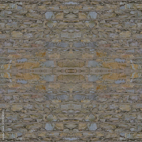 An old, gray wall made of stone and cement. Grey, stone background. Stone texture. Seamless image. Symmetrical.