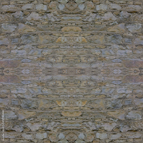 An old, gray wall made of stone and cement. Grey, stone background. Ancient ruins. Stone texture. Seamless image. Symmetrical.