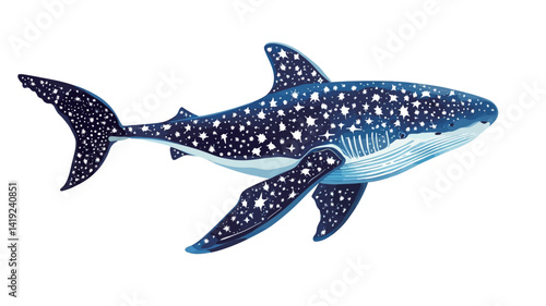 A detailed digital illustration of a whale shark, rendered in dark blue tones with many white dots. The side view of the whale shark shows it swimming gracefully through the water.
